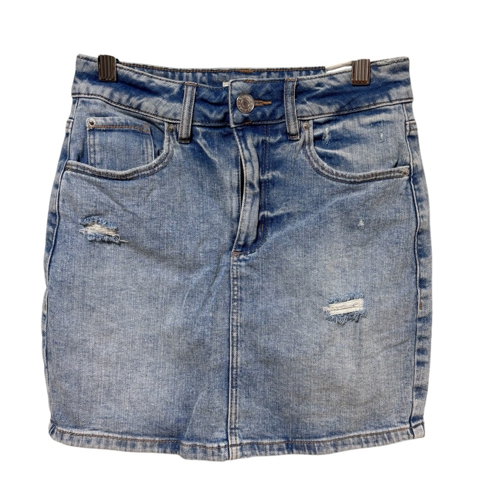 Garage Blue Distressed Denim Mini‎ Skirt Light Wash Stretch Jean Skirt XS